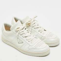 Pre Owned Prada Size 45 White Leather Triangle Logo Plague Lace Up Sneakers
