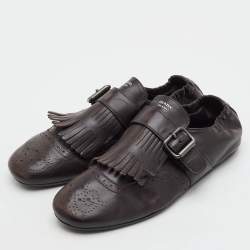 Pre Owned Prada Shuffle Fringed Size 40 Dark Brown Leather Single Flap Monk Strap Shoes
