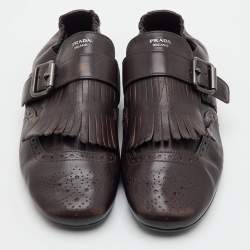 Pre Owned Prada Shuffle Fringed Size 40 Dark Brown Leather Single Flap Monk Strap Shoes