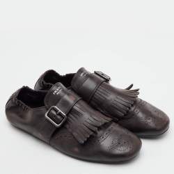 Pre Owned Prada Shuffle Fringed Size 40 Dark Brown Leather Single Flap Monk Strap Shoes