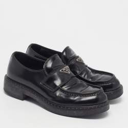 Pre Owned Prada Size 41.5 Black Chocolate Brushed Leather Loafers