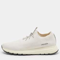 Pre Owned Prada Prax Size 42.5 White Knit Fabric Low Top Sneakers