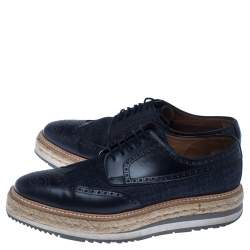Pre Owned  Prada Blue Denim And Brogue Leather Espadrille Derby Sneakers Size 42.5