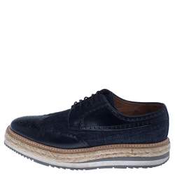 Pre Owned  Prada Blue Denim And Brogue Leather Espadrille Derby Sneakers Size 42.5