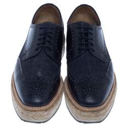 Pre Owned  Prada Blue Denim And Brogue Leather Espadrille Derby Sneakers Size 42.5
