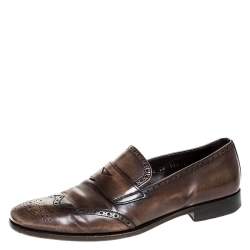 Prada Brown Brogue Leather Penny Slip On Loafers Size 41