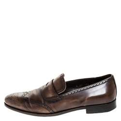 Prada Brown Brogue Leather Penny Slip On Loafers Size 41