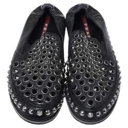 Pre Owned Prada Black Leather Studded Scrunch Loafers Size 41