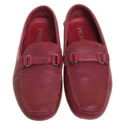 Prada Red Perforated Leather Slip On Loafers Size 43.5