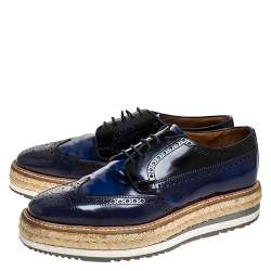 Prada Blue/Black Brogue Leather Derby Espadrille Sneakers Size 41