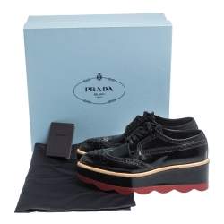 Pre Owned Prada Black Brogue Leather Wave Wingtip Platform Derby Sneakers Size 37.5