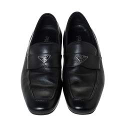 Pre Owned Prada Black Leather Logo Embellished Slip On Loafers Size 42
