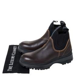 Prada Brown/Black Leather and Neoprene Chelsea Ankle Boots Size 41