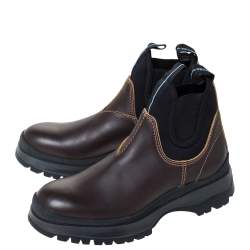 Prada Brown/Black Leather and Neoprene Chelsea Ankle Boots Size 41