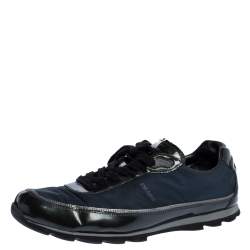 Prada Black/Navy Blue Leather And Nylon Lace Up Sneakers Size 41