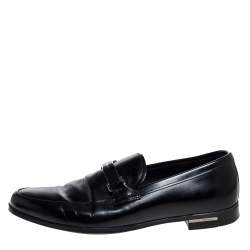 Pre Owned Prada Black Leather Plate Bit Logo Loafers Size 40