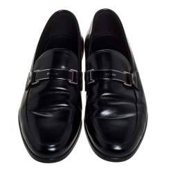 Pre Owned Prada Black Leather Plate Bit Logo Loafers Size 40
