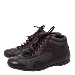 Prada Brown/Grey Leather And Mesh High Top Sneakers Size 40