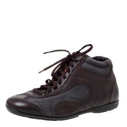 Prada Brown/Grey Leather And Mesh High Top Sneakers Size 40