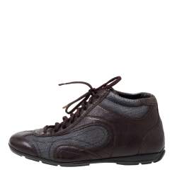 Prada Brown/Grey Leather And Mesh High Top Sneakers Size 40