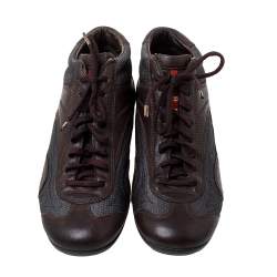 Prada Brown/Grey Leather And Mesh High Top Sneakers Size 40