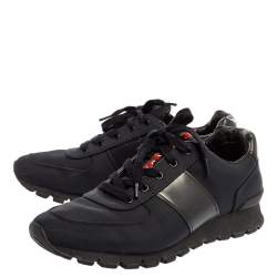 Prada Navy Blue/Black Nylon and Leather Lace Low Top Sneakers Size 43