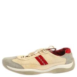 Prada Beige Perforated Leather And Suede Low Top Sneakers Size 46