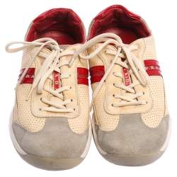 Prada Beige Perforated Leather And Suede Low Top Sneakers Size 46