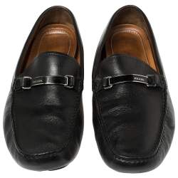 Pre Owned حذاء لوفرز برادا مزخرف شعار جلد أسود مقاس 46