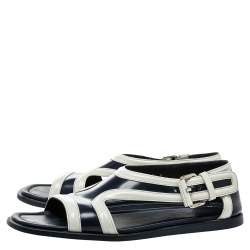 Pre Owned Prada Blue/White Leather Cutout Slide Sandals Size 43