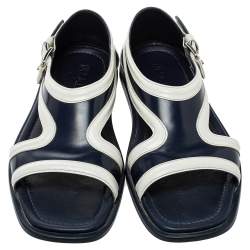 Pre Owned Prada Blue/White Leather Cutout Slide Sandals Size 43