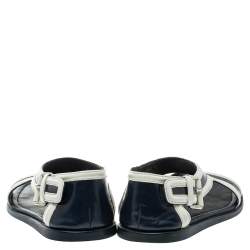 Pre Owned Prada Blue/White Leather Cutout Slide Sandals Size 43