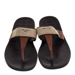 مملوكة مسبقًا Prada Brown Leather And Fabric Thong Sandals Size 43.5