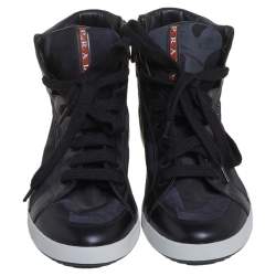 Prada Black Camouflage Canvas And Leather High Top Sneakers Size 43