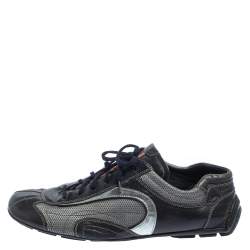 Prada Navy Blue/Silver Leather And Mesh Low Top Sneakers Size 45.5