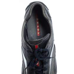 Prada Navy Blue/Silver Leather And Mesh Low Top Sneakers Size 45.5