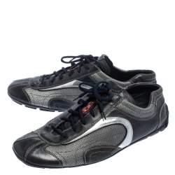 Prada Navy Blue/Silver Leather And Mesh Low Top Sneakers Size 45.5