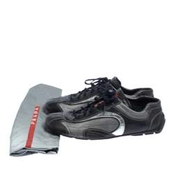 Prada Navy Blue/Silver Leather And Mesh Low Top Sneakers Size 45.5