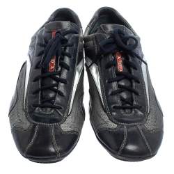 Prada Navy Blue/Silver Leather And Mesh Low Top Sneakers Size 45.5