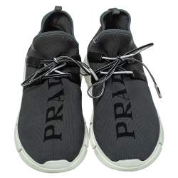 Pre Owned Prada Grey Knit Fabric Logo Low Top Sneakers Size 41
