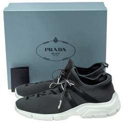 Pre Owned Prada Grey Knit Fabric Logo Low Top Sneakers Size 41