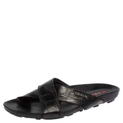 Prada Black Croc Embossed Leather Criss Cross Slide Sandals Size 44.5