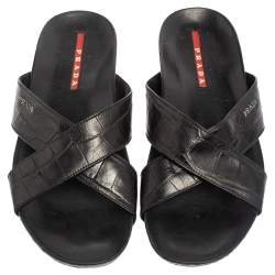 Prada Black Croc Embossed Leather Criss Cross Slide Sandals Size 44.5