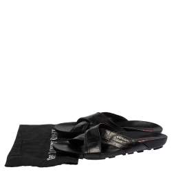 Prada Black Croc Embossed Leather Criss Cross Slide Sandals Size 44.5