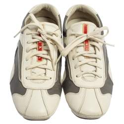 Prada White/Grey Nylon And Leather Low Top Sneakers Size 41.5
