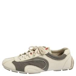 Prada White/Grey Nylon And Leather Low Top Sneakers Size 41.5