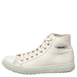 مملوكة مسبقًا Prada White Leather Cap Toe Logo Patch High Top Sneakers Size 44.5 