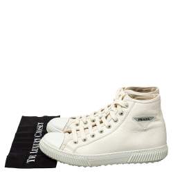 مملوكة مسبقًا Prada White Leather Cap Toe Logo Patch High Top Sneakers Size 44.5 