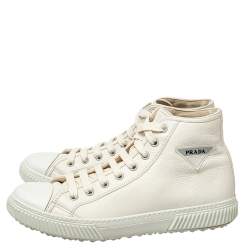 مملوكة مسبقًا Prada White Leather Cap Toe Logo Patch High Top Sneakers Size 44.5 