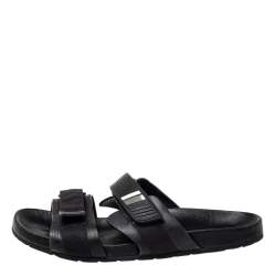 Prada Black Nylon And Leather Velcro Strap Flat Sandals Size 45